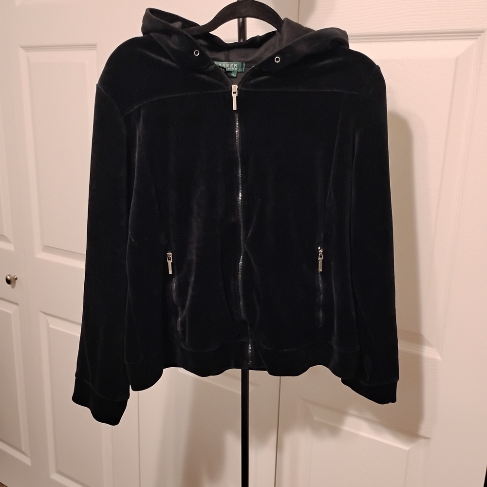 Ralph Lauren Black Velvet Women's Hoodie Jacket Size L Vtg - Picture 5 of 5